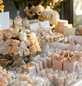 A beautifully arranged wedding favor table with a variety of small gifts, such as personalized keepsakes, sweet treats, and practical items, ready for guests to take home as a token of appreciation for celebrating the couple’s special day. The display is elegantly decorated to match the wedding theme, ensuring guests leave with a memorable and useful favor.