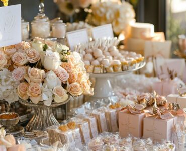 A beautifully arranged wedding favor table with a variety of small gifts, such as personalized keepsakes, sweet treats, and practical items, ready for guests to take home as a token of appreciation for celebrating the couple’s special day. The display is elegantly decorated to match the wedding theme, ensuring guests leave with a memorable and useful favor.