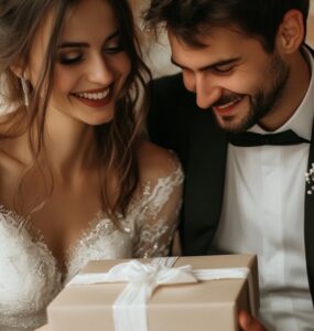 A couple sitting together, holding a wedding gift with no registry, looking happy and surprised as they unwrap it.