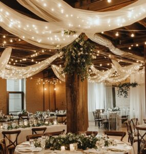 A wedding venue adorned with simple yet elegant decorations, including string lights, greenery, and a cozy ambiance highlighting budget-friendly elegance.