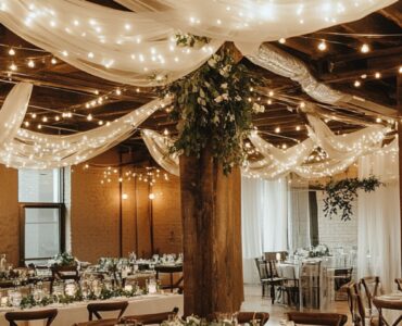 A wedding venue adorned with simple yet elegant decorations, including string lights, greenery, and a cozy ambiance highlighting budget-friendly elegance.