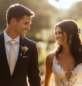 An elegant bride and groom holding hands, smiling as they walk through a sunlit garden, with a soft-focus background.