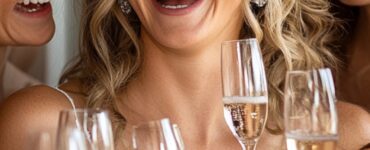 A happy bride-to-be surrounded by her bridesmaids, laughing and holding champagne glasses in celebration.