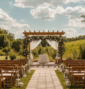 An outdoor wedding ceremony under sunny skies, featuring a scenic natural backdrop with greenery and flowers, rows of chairs for guests, and a beautifully decorated arch at the altar. The atmosphere is warm and inviting, perfect for a dreamy celebration surrounded by nature.