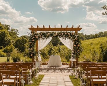 An outdoor wedding ceremony under sunny skies, featuring a scenic natural backdrop with greenery and flowers, rows of chairs for guests, and a beautifully decorated arch at the altar. The atmosphere is warm and inviting, perfect for a dreamy celebration surrounded by nature.