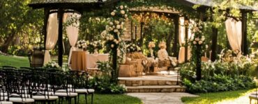 A scenic outdoor wedding ceremony set in a lush natural setting, with elegant decorations and a romantic atmosphere.