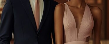 A couple attending a semi-formal wedding: the man wears a stylish suit in navy, while the woman dons an elegant knee-length dress in pastel tones. They stand in a softly lit, classy venue with a wedding ambiance.
