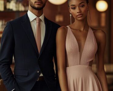 A couple attending a semi-formal wedding: the man wears a stylish suit in navy, while the woman dons an elegant knee-length dress in pastel tones. They stand in a softly lit, classy venue with a wedding ambiance.