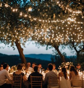 A serene outdoor wedding setup with a small group of guests seated under fairy lights, showcasing an intimate and romantic atmosphere.