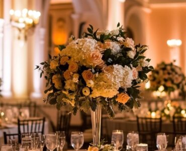 Wedding reception setup with elegant tables, floral centerpieces, and soft lighting in a grand venue.