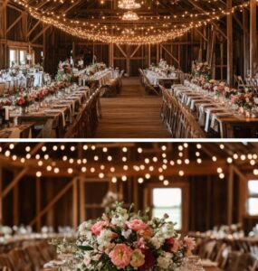 Rustic barn wedding setup with string lights, floral centerpieces, and wooden details, showcasing a blend of classy and country aesthetics.