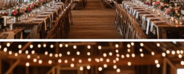 Rustic barn wedding setup with string lights, floral centerpieces, and wooden details, showcasing a blend of classy and country aesthetics.