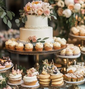 An elegant wedding dessert table featuring an assortment of cakes, cookies, and other sweet treats creatively arranged with stylish decorations.