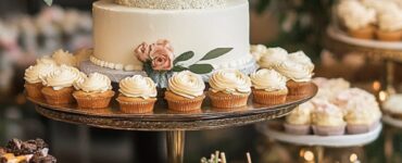 An elegant wedding dessert table featuring an assortment of cakes, cookies, and other sweet treats creatively arranged with stylish decorations.