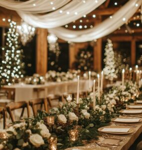 A beautifully decorated winter wedding venue featuring lush greenery, twinkling lights, frosted decor, and soft candlelight, creating a magical and cozy winter wonderland atmosphere.