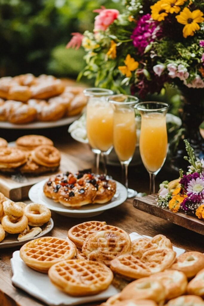 A variety of wedding brunch menu items, including a mimosa bar, bagels, waffles, and decorative table settings.
