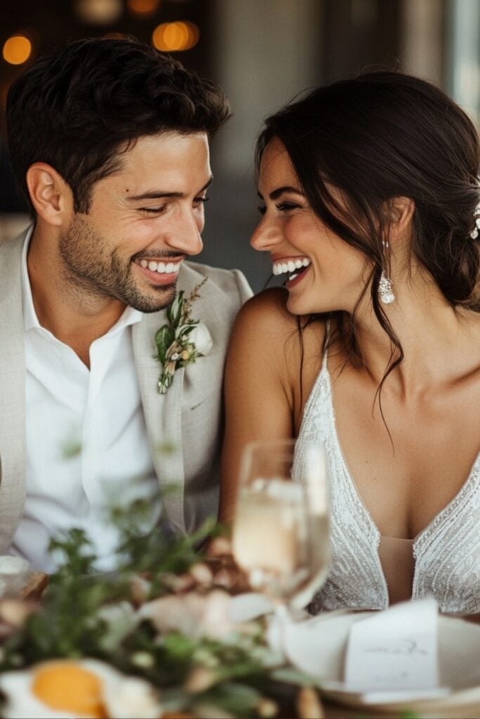 A bride wearing a simple white dress and a groom in a light suit, enjoying a casual and elegant brunch reception.