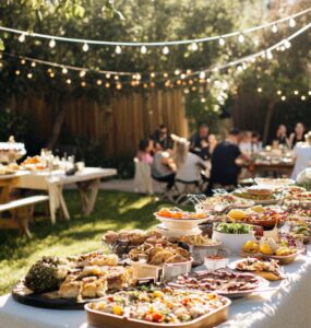 A sunny backyard engagement party setup with a table of food, string lights, and friends and family gathered in celebration.