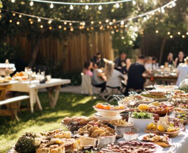 A sunny backyard engagement party setup with a table of food, string lights, and friends and family gathered in celebration.