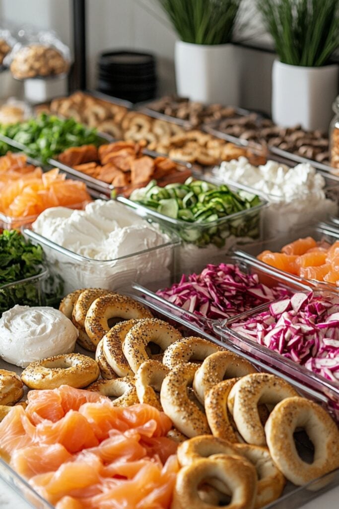A bagel station with assorted bagels, cream cheese spreads, smoked salmon, and toppings displayed with toasters.