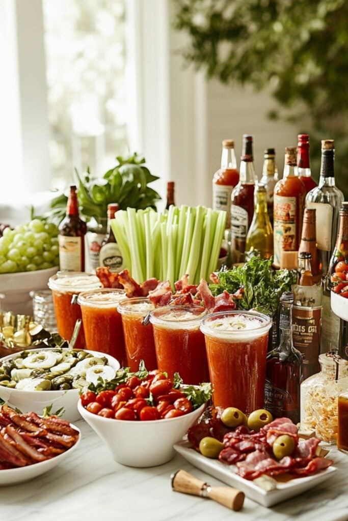 A Bloody Mary bar with vodka bottles, tomato mix, and a variety of garnishes like celery, olives, and bacon.