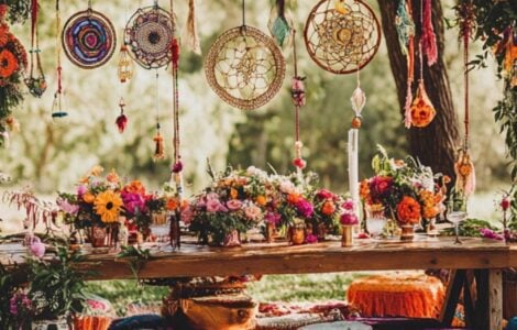 A vibrant boho wedding setup with dreamcatchers, colorful rugs, and lush floral centerpieces that reflect the enduring popularity of the style.