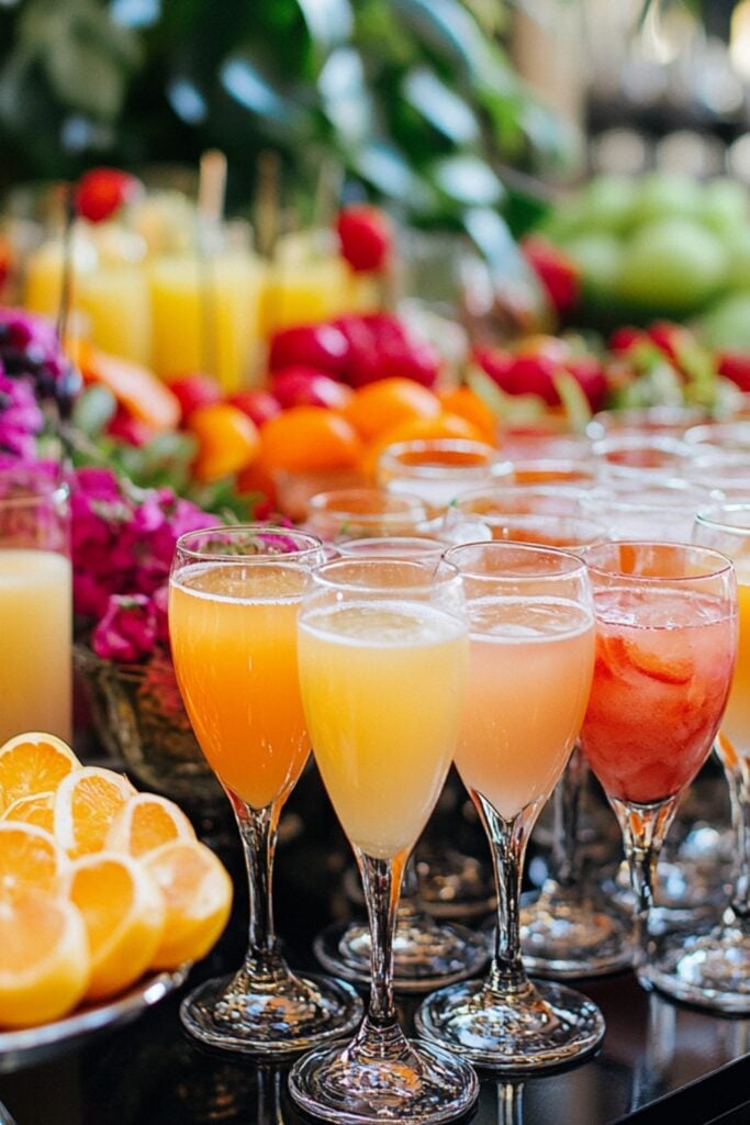 A vibrant brunch cocktail station featuring glasses of screwdrivers, bellinis, and mimosas with colorful garnishes.