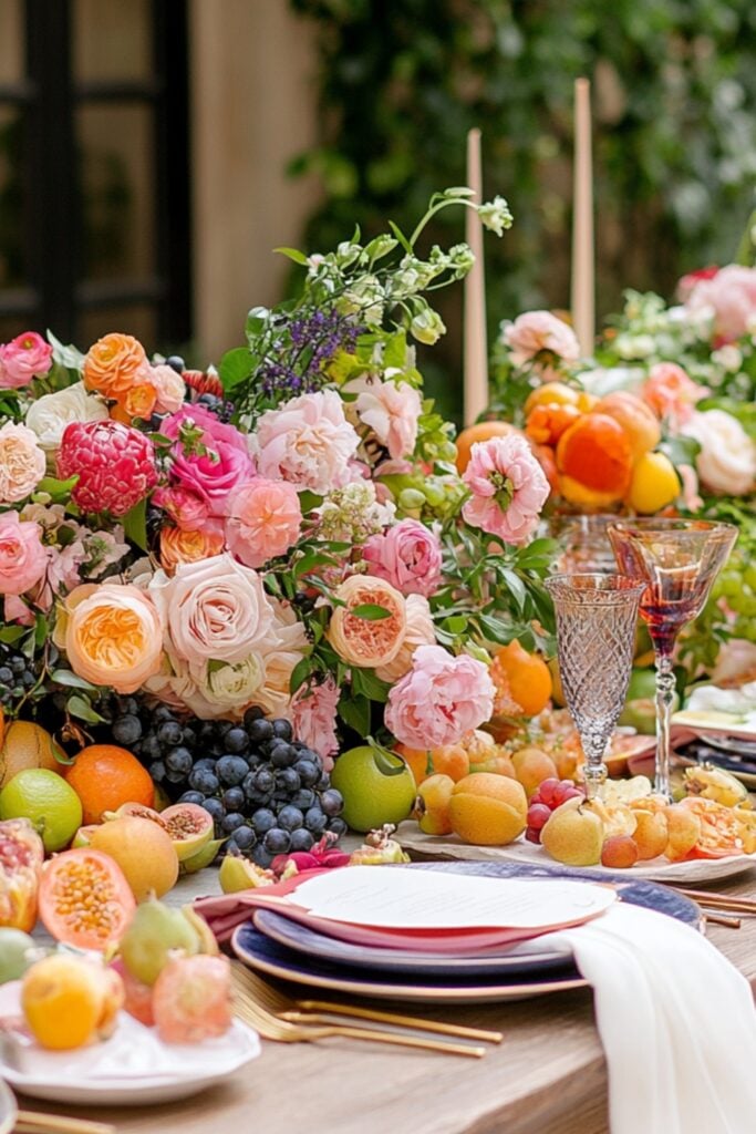A wedding brunch table decorated with fresh flowers, colorful fruit bowls, and elegant place settings.