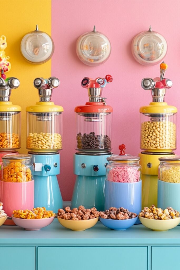 A whimsical cereal bar featuring an assortment of cereal dispensers, bowls of colorful cereal, and jars of flavored milk.