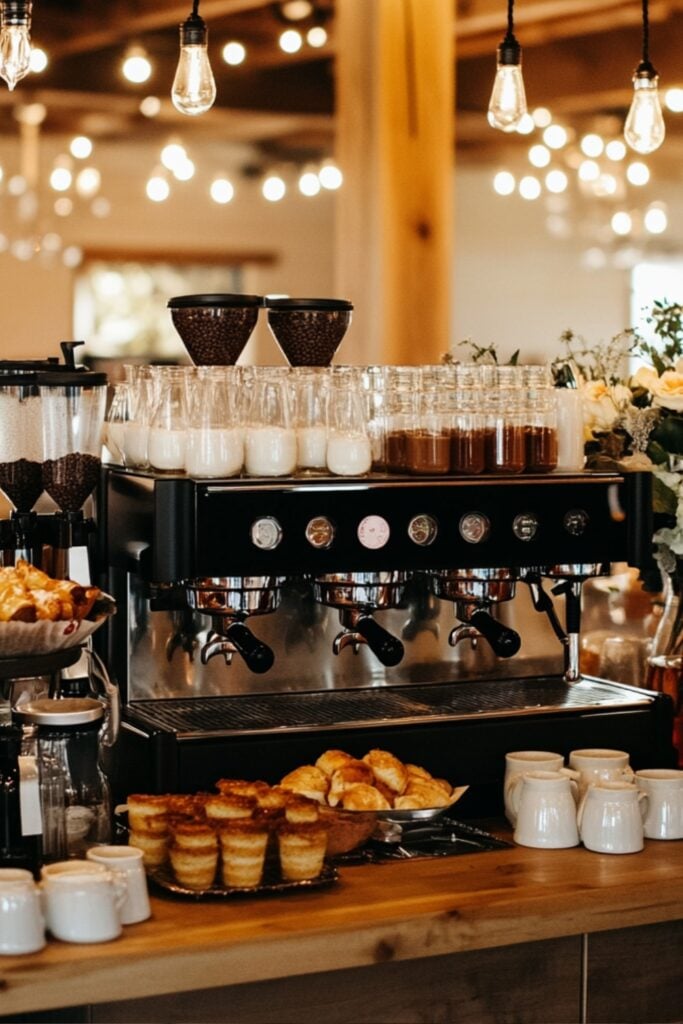 A coffee bar with an espresso machine, coffee mugs, and an assortment of syrups and pastries for a morning wedding brunch.