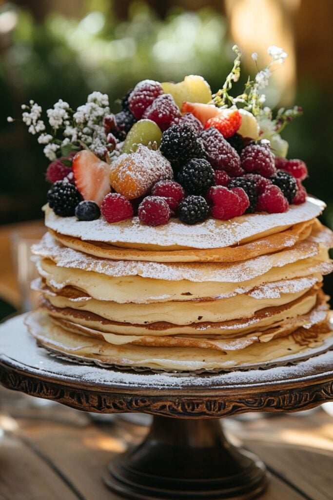 A layered crepe cake topped with fresh fruit and powdered sugar, set as a centerpiece on a brunch table.
