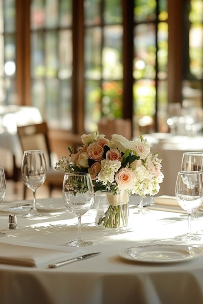 A charming restaurant setting with tables prepared for a post-wedding brunch, decorated with flowers and linens.