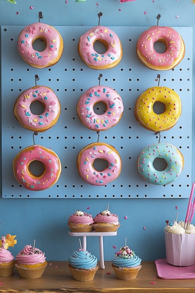 A colorful donut wall display with an assortment of frosted donuts on pegs, surrounded by decorative accents.