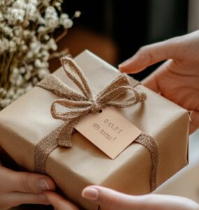 Close-up of hands exchanging a beautifully wrapped gift with a ‘Congrats on the engagement!’ tag, symbolizing thoughtful celebration of a couple's milestone.