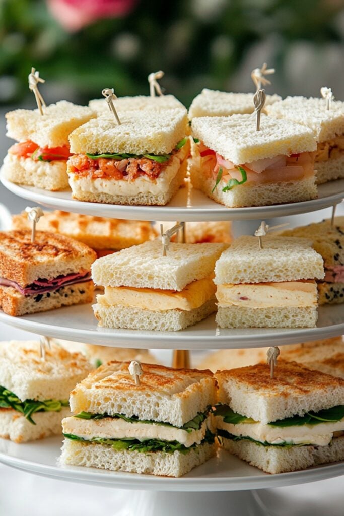 Assorted finger sandwiches with delicate fillings arranged on a tiered platter, ideal for a high-tea brunch theme.