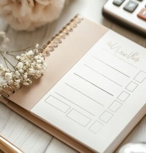 An elegant wedding budgeting guide displayed on a notepad with a calculator, pen, and wedding-themed decorations.