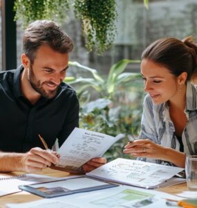 A couple sitting at a table, happily discussing wedding plans while reviewing a budget spreadsheet and a wedding planning notebook.