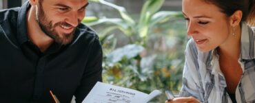 A couple sitting at a table, happily discussing wedding plans while reviewing a budget spreadsheet and a wedding planning notebook.