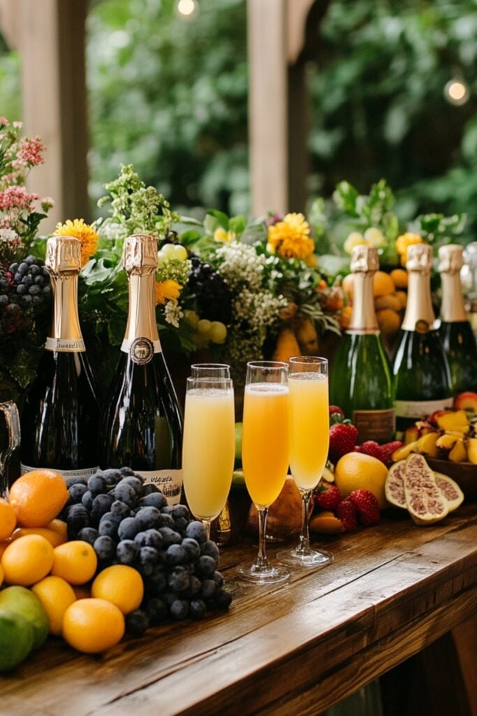 A mimosa bar setup with champagne bottles, an assortment of juices, and fresh fruit garnishes in a festive arrangement.