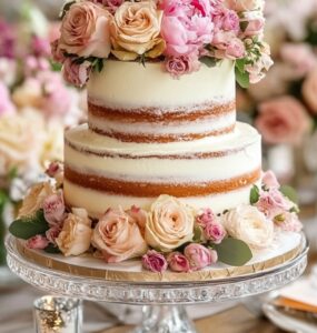 A beautifully styled naked wedding cake with minimal frosting, showcasing its exposed cake layers and natural aesthetic.