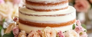 A beautifully styled naked wedding cake with minimal frosting, showcasing its exposed cake layers and natural aesthetic.
