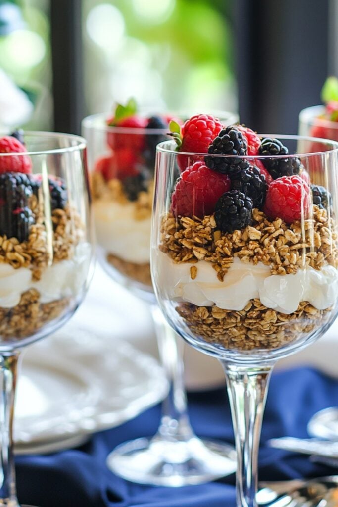 Layered yogurt parfaits topped with fresh berries and granola in elegant glassware, arranged on a decorative brunch table.