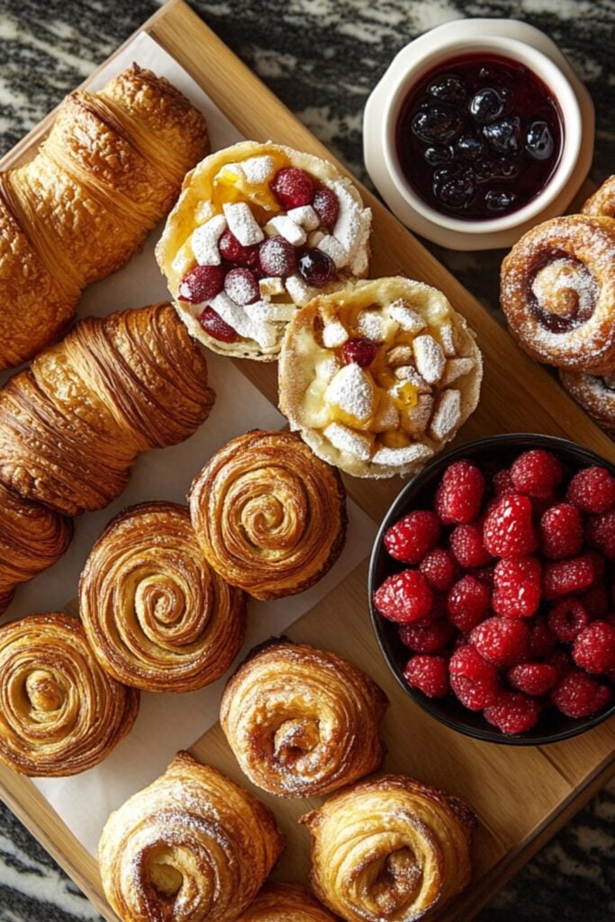 A selection of pastries, including croissants and cinnamon rolls, served alongside fresh fruit and preserves.