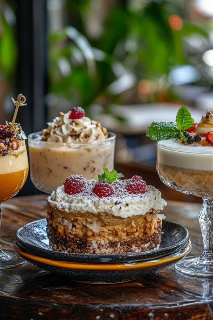 A curated brunch menu featuring a mix of breakfast and lunch dishes, cocktails, and desserts.
