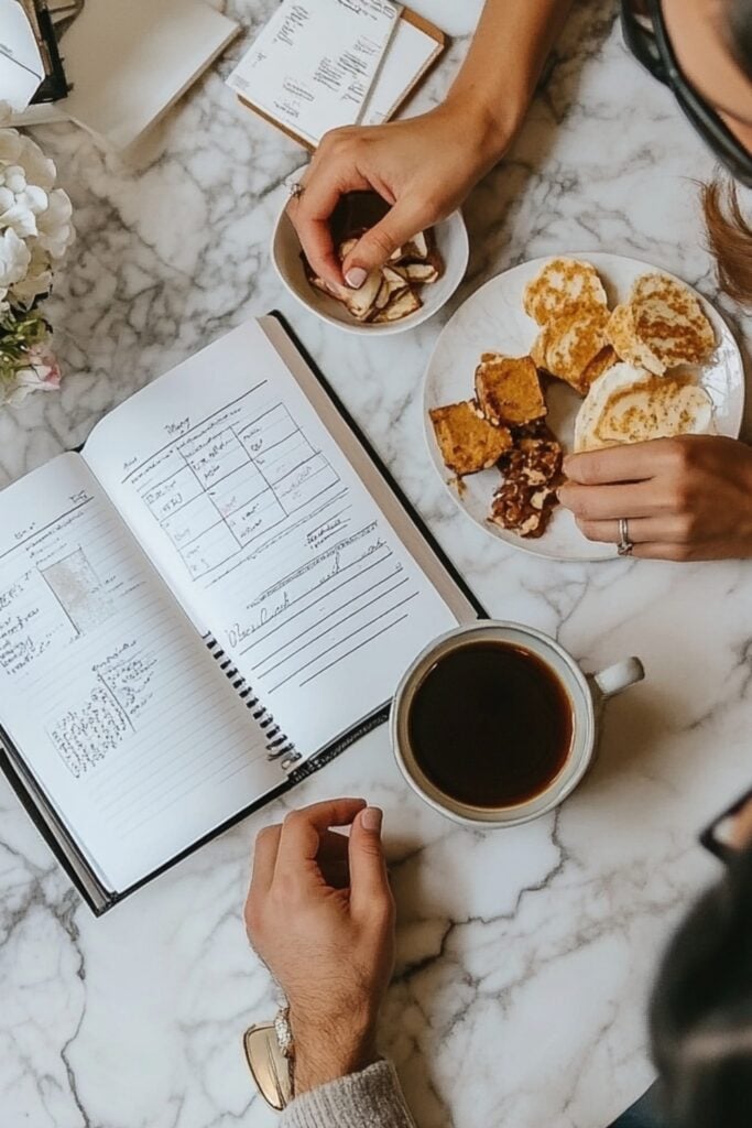 A couple discussing brunch menu options with a notebook, surrounded by wedding planning materials and coffee.