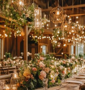 Rustic wedding setup featuring a romantic barn venue with exposed wood, wooden accessories, and enchanting hanging decorations such as fairy lights and lanterns for a cozy, romantic ambiance.