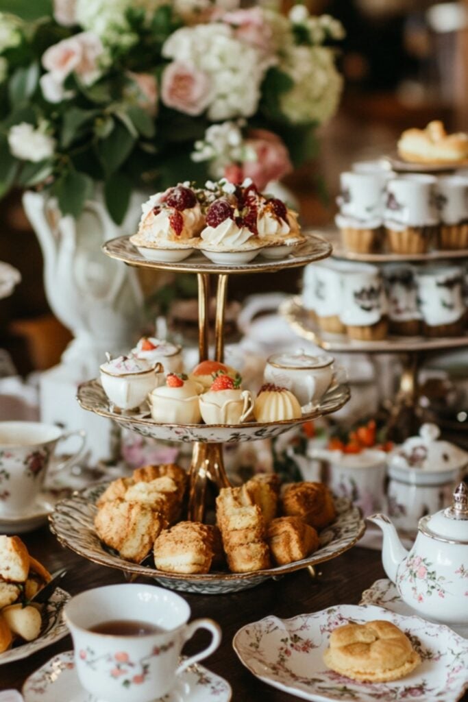 A wedding brunch tea party setup featuring fine china teacups, teapots, and tiered trays of finger foods.