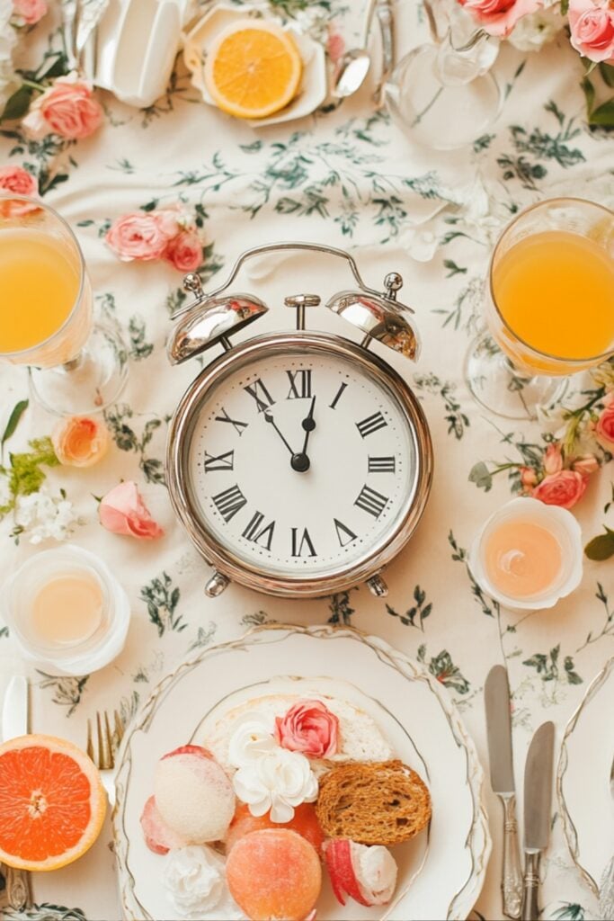 A clock and a brunch table setup, symbolizing the ideal timing of a wedding brunch reception between 11 AM and 2 PM.