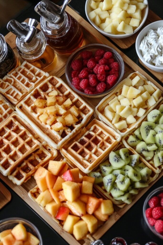 A build-your-own waffle bar featuring freshly made waffles, bowls of fruit, syrup bottles, and whipped cream.