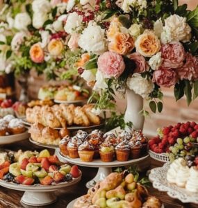 A beautifully arranged wedding brunch spread featuring pastries, fresh fruit, and elegant table decor with floral centerpieces.